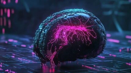 Poster - Glowing pink neural pathways highlighting a digital brain on grid surface