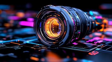 Poster - Lens on digital platform, glowing with orange and blue. Technology concept