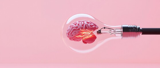 Poster - Lightbulb with human brain inside on a pink background, concept idea generation