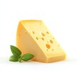 A triangular wedge of swiss cheese with basil leaves.