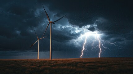 tall wind turbines standing in an open field under dark storm clouds