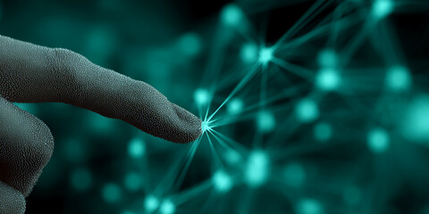Poster - Close-up of a textured fingertip interacting with a teal network, showcasing connection and digital interaction, representing technology and innovation