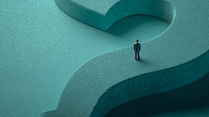 Poster - Miniature figure standing on teal textured surface shaped like question mark, symbolizing decision, choice, or uncertainty, suitable for business or conceptual design
