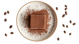 Flat lay of tiramisu square on plate with cocoa dust and coffee beans, isolated white background 