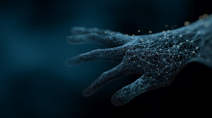 Poster - Abstract image of a hand rendered as a network, suggesting connection, technology, or digital interaction Free space for text or logo