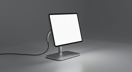 Poster - Modern wireless tablet showing blank screen on aluminum stand in empty room