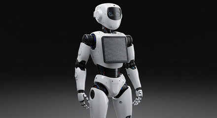 Poster - White humanoid robot standing with led screen on its chest