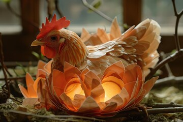 Poster - a realistic chicken in a decorative floral arrangement with light