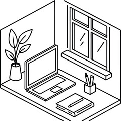 Aufkleber - Isometric Workspace With Laptop Plant Window And Notebook Outline Design