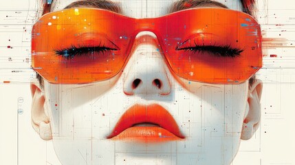 Poster - Futuristic portrait of a woman wearing orange sunglasses against a tech-inspired background