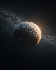 Wall Mural - A cosmic view of an alien planet, bathed in ethereal light, set against the backdrop of a star-filled sky. The atmosphere exudes a sense of mystery and the vastness of the cosmos.