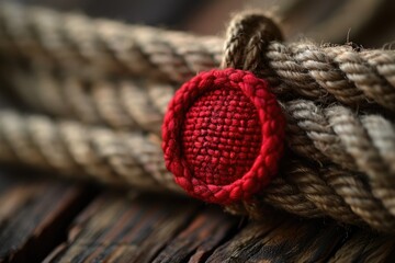 Poster - A red button resting on top of textured rope pieces