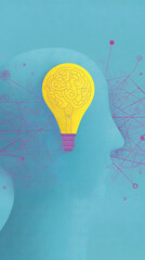Poster - Yellow lightbulb with brain inside, teal background, abstract lines represent ideas, showcasing creativity and innovation concept