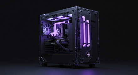 Poster - Modern desktop pc gaming rig with neon purple lights and transparent case