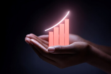 Poster - Hands gently hold glowing bar graph with upward arrow, symbolizing growth, progress, and success in business and finance