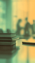 Aufkleber - Stack of books and phone on desk, blurred office background, showcasing workspace simplicity and professionalism, ideal for business or office concepts