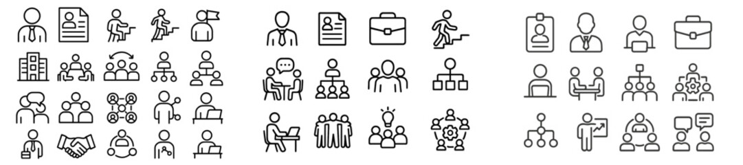 Poster - Various icons representing business activities, teamwork, and professional interactions in a modern workspace setting