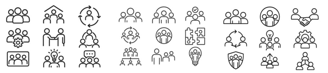 Poster - Collection of diverse icons representing teamwork, collaboration, and community interactions in a modern design style
