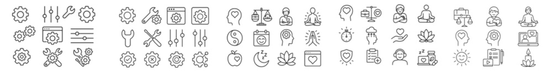 Poster - Illustrative collection of line icons depicting various tools, activities, and elements related to work, wellness, and productivity