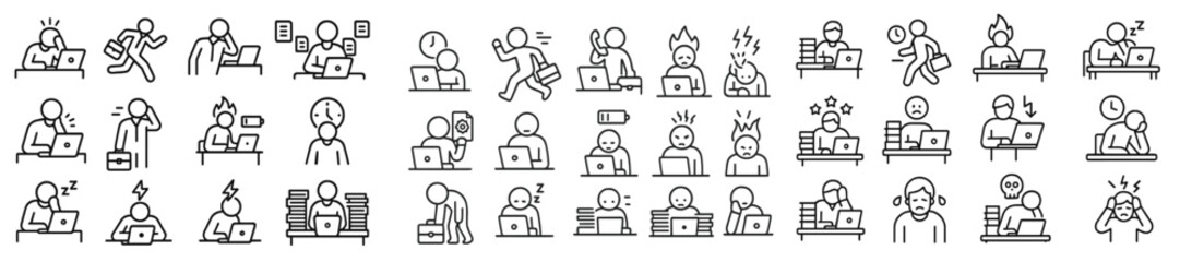 Poster - Collection of simple line art icons depicting various emotions and activities related to work and productivity in an office setting