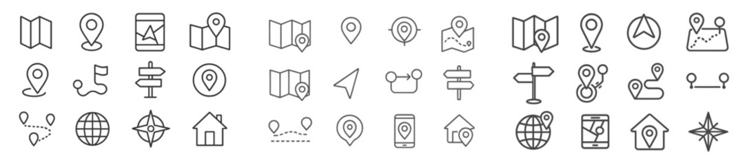 Poster - Collection of various map and location icons designed for navigation and orientation purposes in digital applications