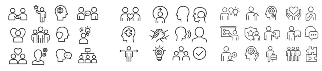 Aufkleber - Collection of minimalist line icons representing social interactions, thoughts, and teamwork concepts suitable for various design projects