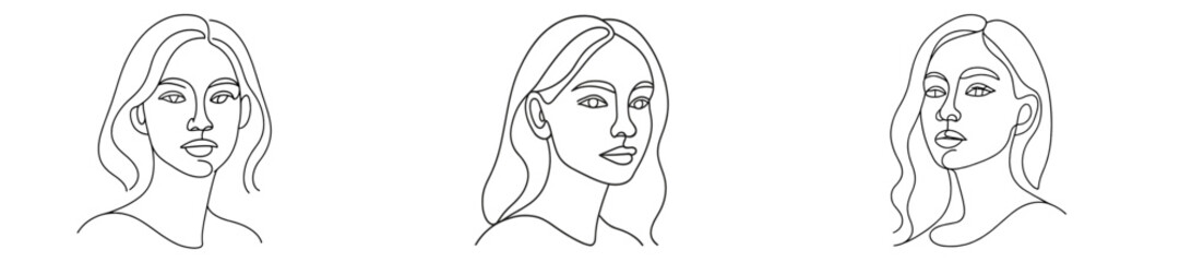 Poster - Contemporary line art of three elegant female portraits showcasing distinct hairstyles and facial expressions