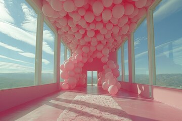 Poster - A room with pink balloons and large panoramic windows overhead