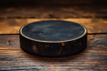 Poster - A round black wooden object sits atop a wood surface