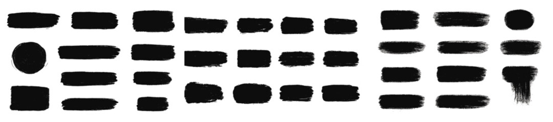 Poster - Black brush strokes and shapes on a white background showcasing texture and diversity in art materials for design projects