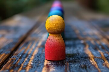 Poster - A row of colorful wooden peg dolls sit in a line