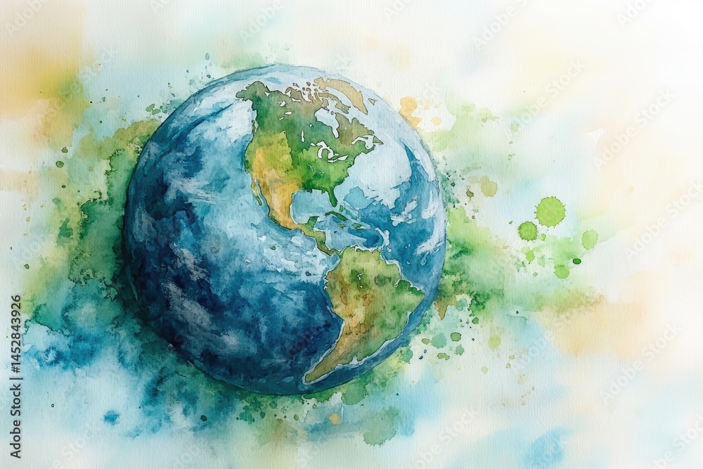 Artistic watercolor depiction of planet earth shows continents and ...