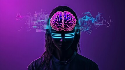 Poster - Woman with glowing headset, brain visualized