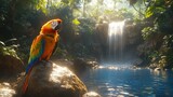Colorful parrot by waterfall in jungle.  Possible use Stock photo for nature, travel