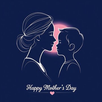 Special Mother's Day Illustration: White Outline Mother and Child with a Soft Pink Light