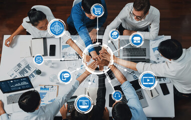 Poster - Top view diverse office worker join hand together in office room symbolize business synergy and strong productive teamwork in workplace. Cooperation and unity between business employee. Prudent Amity