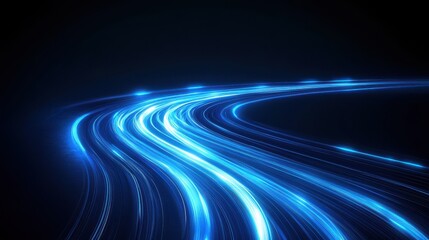 Poster - abstract blue light speed lines background, fast moving in curved path with motion blur effect. digi