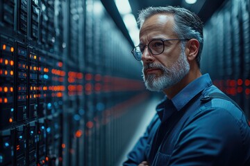 Poster - A serious man stands in front of computer servers staring