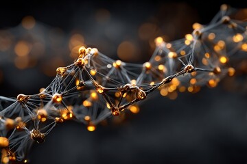Poster - Abstract molecular structure visualization of interconnected golden nodes and mesh