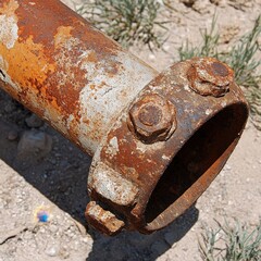 Poster - Rustic charm of weathered metal pipe with rusted bolts on sunlit ground capturing industrial decay and textural detail in a close up shot highlighting age and corrosion