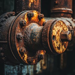 Poster - close up of weathered industrial pipeline with rusted metal and bolts showcasing decay and texture i