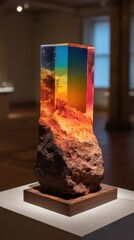 Poster - Abstract Art Piece Featuring a Rock Base Topped with a Colorful Resin Cube Displayed in a Gallery Setting with Soft Lighting and Blurred Background Creating a Serene Atmosphere