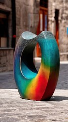 Poster - Abstract art sculpture in urban setting with vibrant rainbow colors and a unique shape creating a modern art piece in a public space with stone background