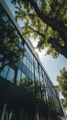 Poster - Modern architecture facade reflecting sky and trees in glass windows with a sunburst casting a glow on the building and a tree branch framing the scene