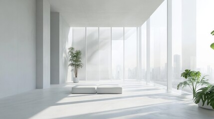 Poster - Minimalist white office interior with glass, furniture, city view and daylight. 3D Rendering illustration