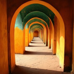Poster - Captivating Perspective of Arched Corridor with Yellow Pillars and Green Accents in Ancient Architecture Serene Visual Journey Through Historical Passage