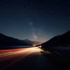 Poster - Night road under starry sky with light trails and mountain backdrop creating a sense of adventure and travel showcasing the beauty of nature and modern transportation