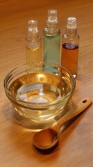 Poster - Natural essence preparation with glass bowl and wooden spoon for organic skincare routine and wellness concept on wooden table top in soft light