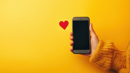 Fototapete - Hand of woman holding blank mobile phone with love, like, comment, hashtag button on yellow background. Social media marketing concept