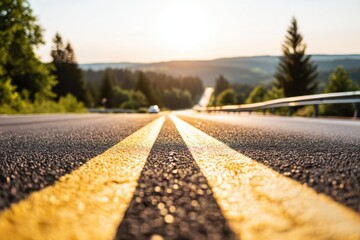 Poster - Asphalt road leading to distant hills at sunset with yellow lines and a car in background, scenic landscape, travel photography, nature, journey, and transportation